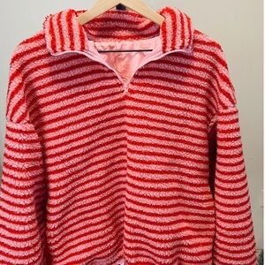 Cozy Striped Half-Zip Sweater Jacket - Pink/Red